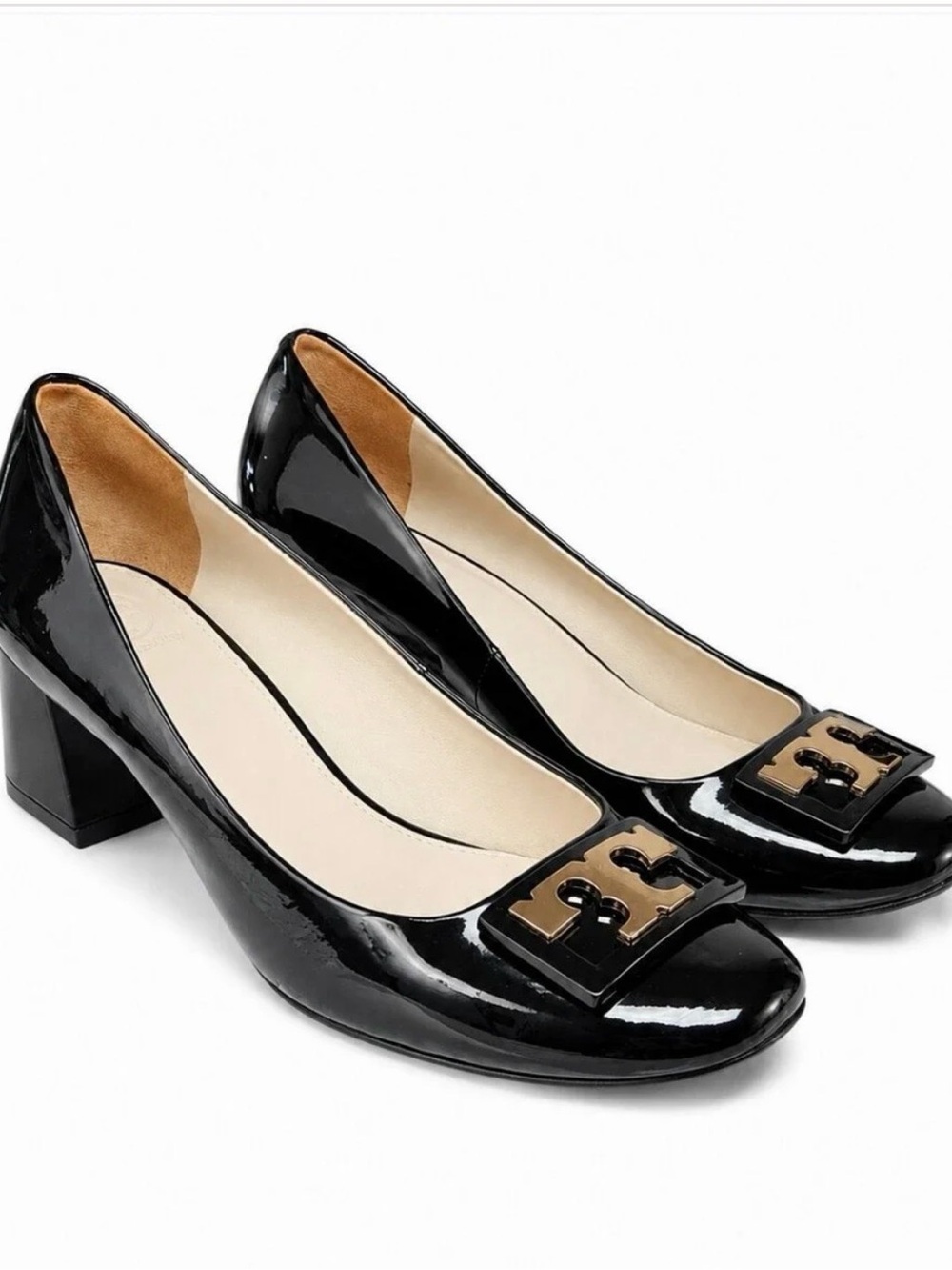 Tory Burch Black Patent Block Heel Pumps with Gold Logo Plaque